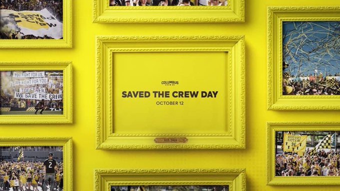 Image showing "Saved the Crew Day" message alongside other yellow framed Crew fan photos on a yellow wall.